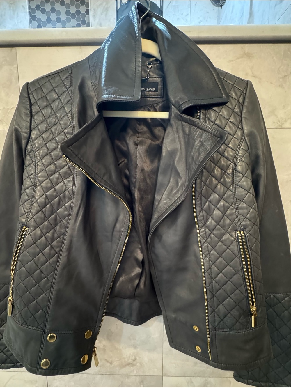 Wilsons Leather Womens S Genuine Leather Quilted Moto Jacket Green Black Gold